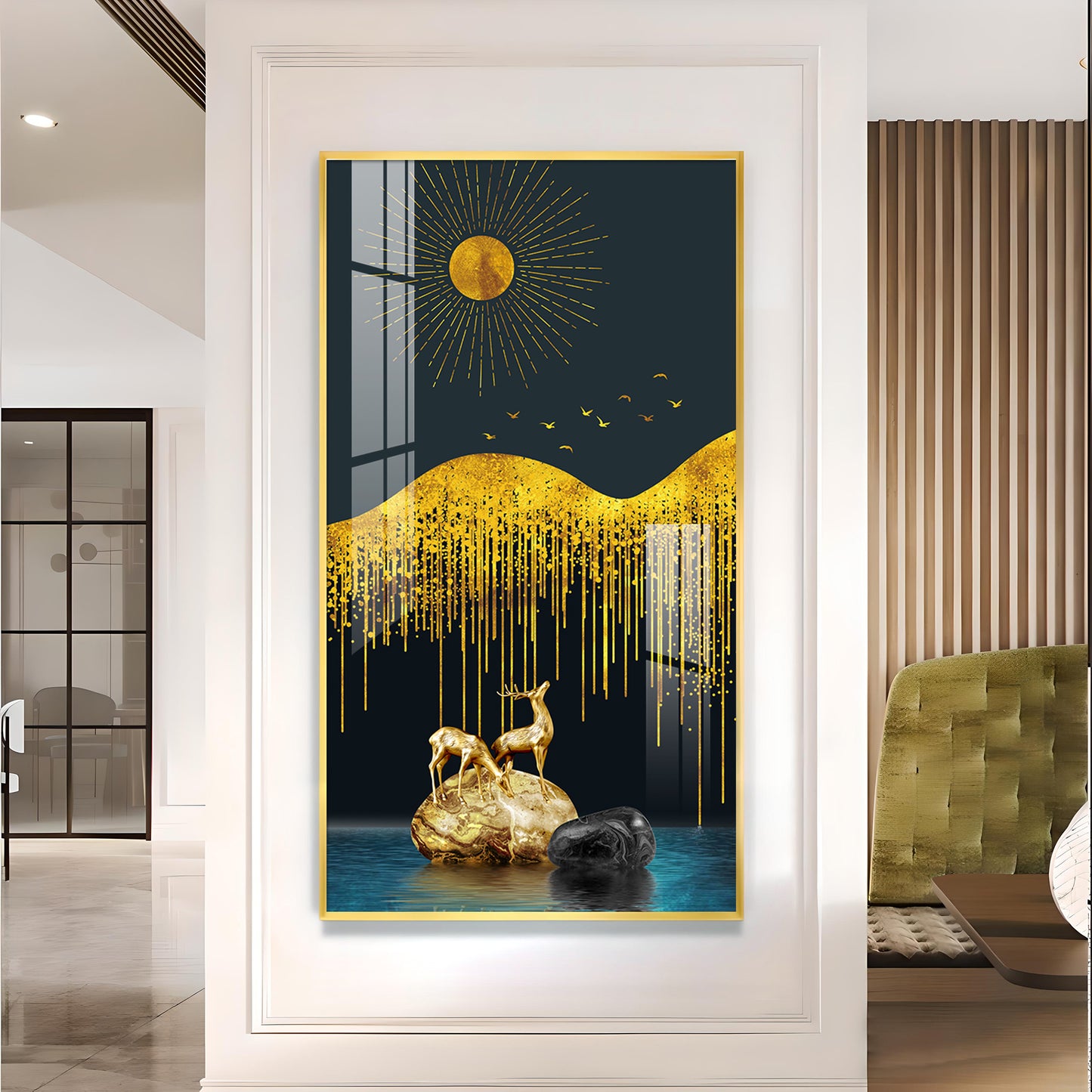 Golden Deer Essence Glass Finish Vertical Wall Art