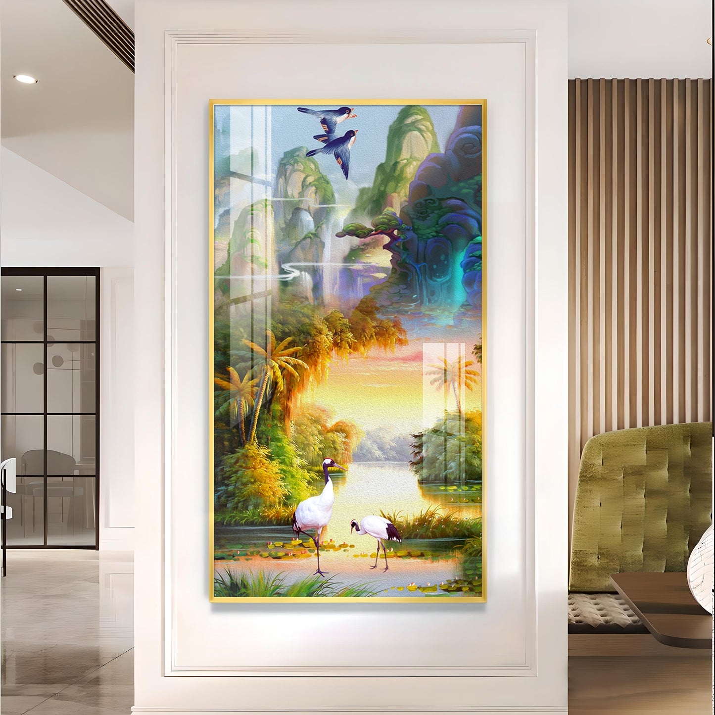 Birds in a Cascading Dream Glass Finish Vertical Wall Art