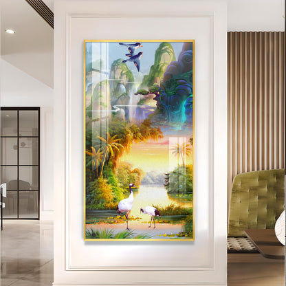 Birds in a Cascading Dream Glass Finish Vertical Wall Art