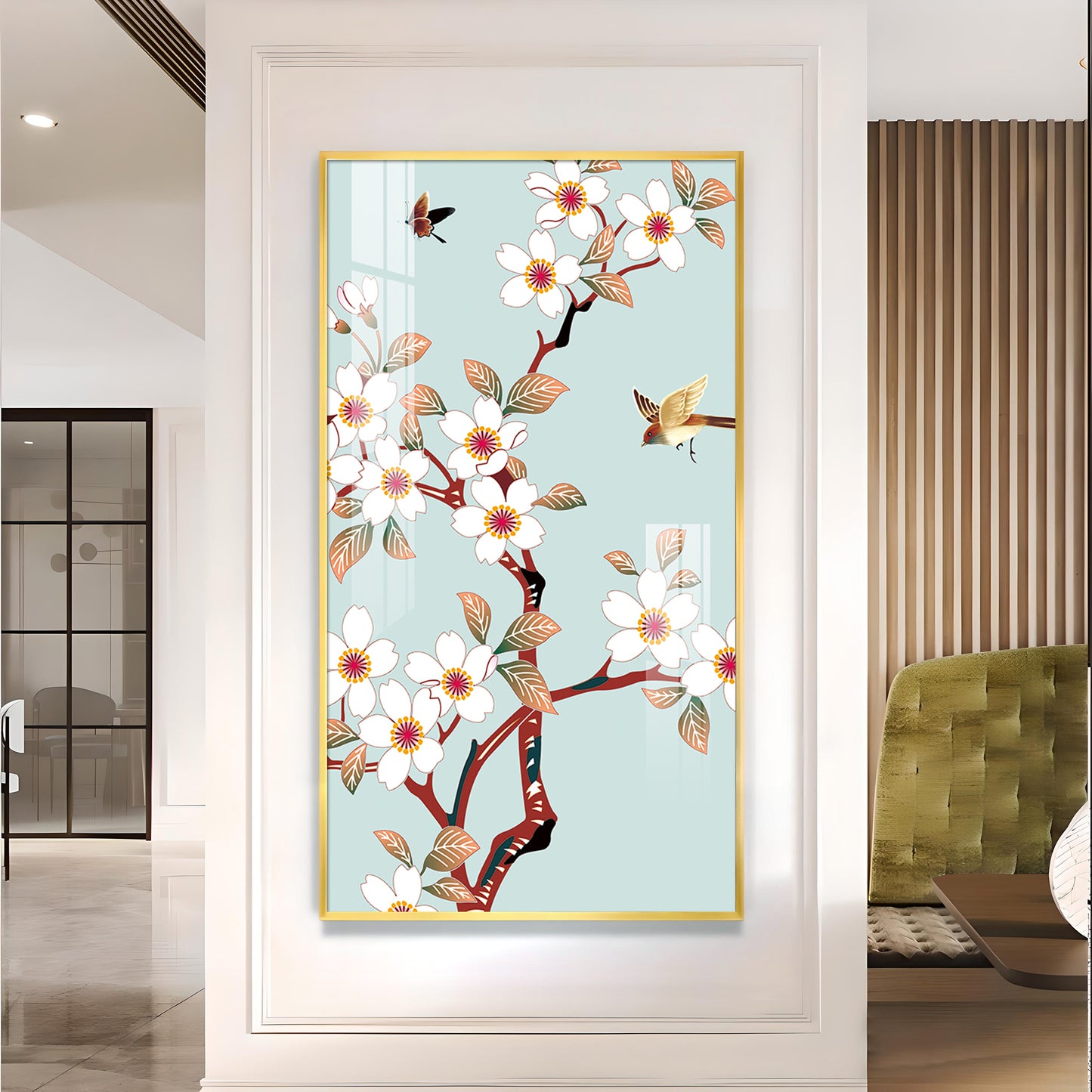 Avian Blossom Glass Finish Vertical Wall Art