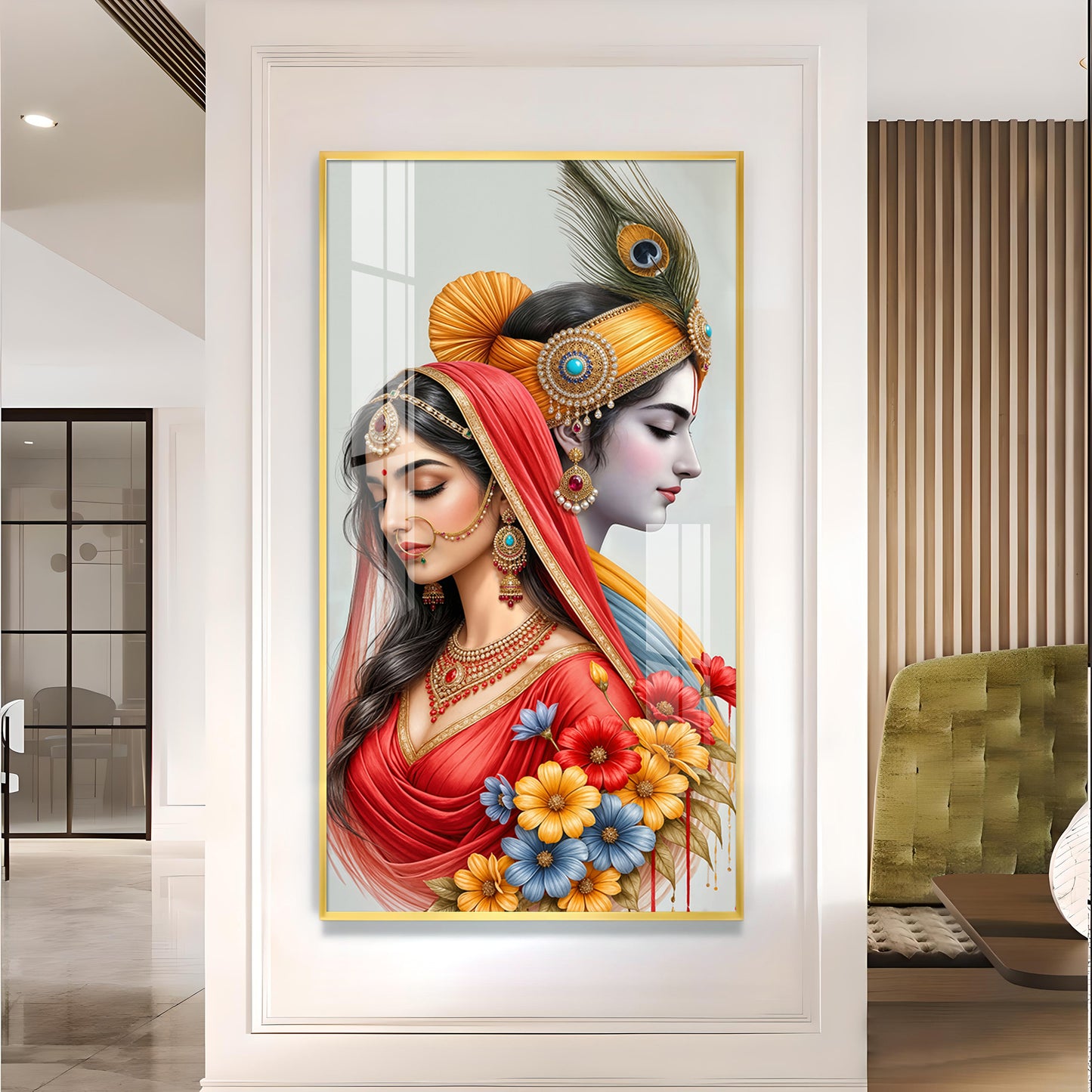 Loving Radha Krishna Glass Finish Vertical Wall Art