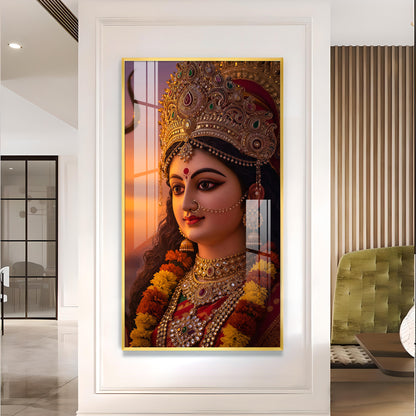 Maa Durga Glass Finish Vertical Wall Art