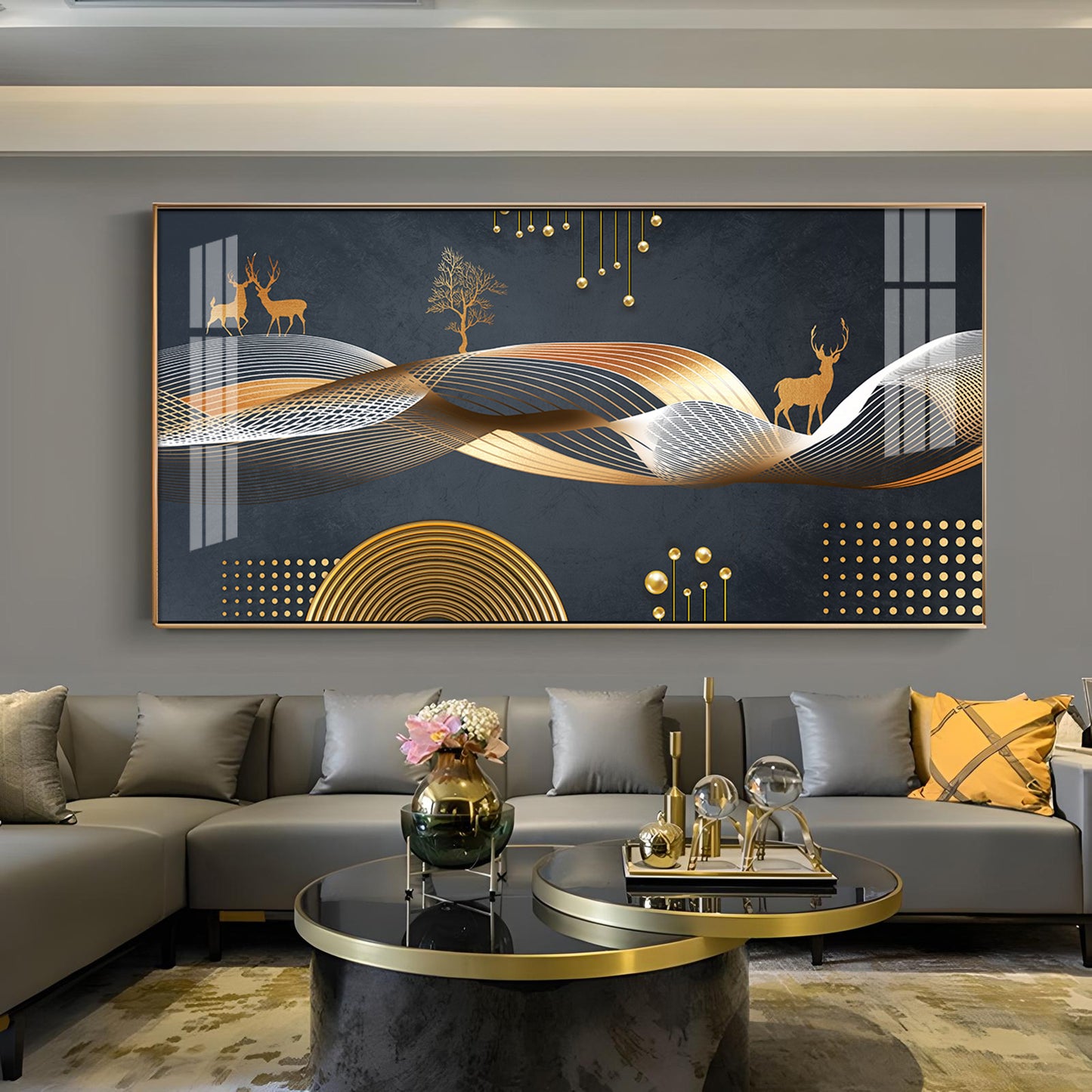 Night Landscape With Golden Deer Glass Finish Horizontal Wall Art