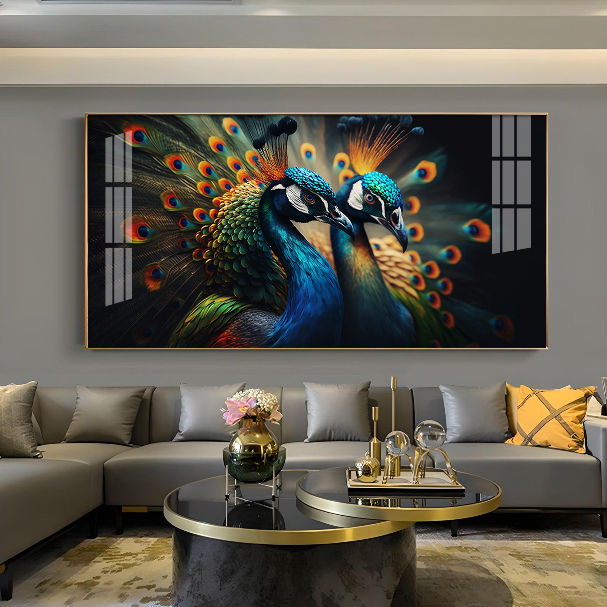 Peacock Duo Glass Finish Horizontal Wall Art