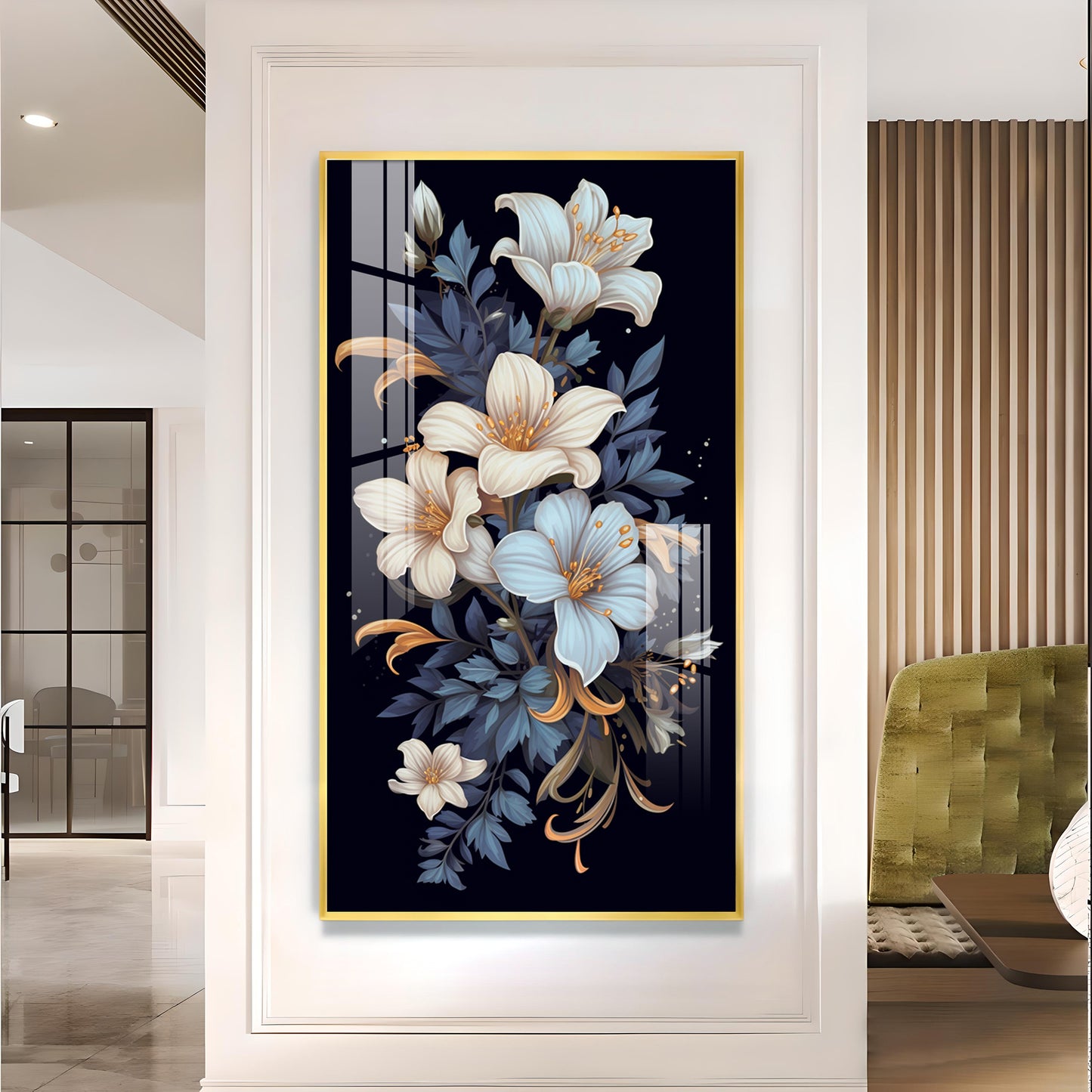 Obsidian Floral Glass Finish Vertical Wall Art