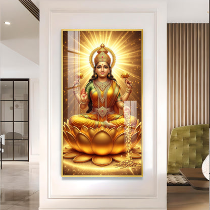 Maa Laxmi On Lotus Glass Finish Vertical Wall Art
