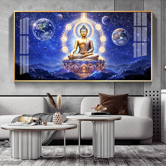 Illuminated Neon Buddha Glass Finish Horizontal Wall Art
