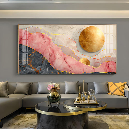 Pink and Gold Marble Stone Texture Glass Finish Horizontal Wall Art