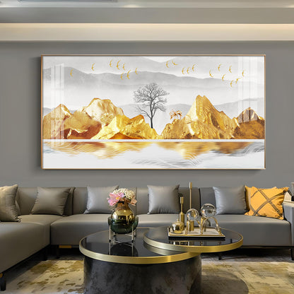 Golden Mountains And Birds Glass Finish Horizontal Wall Art