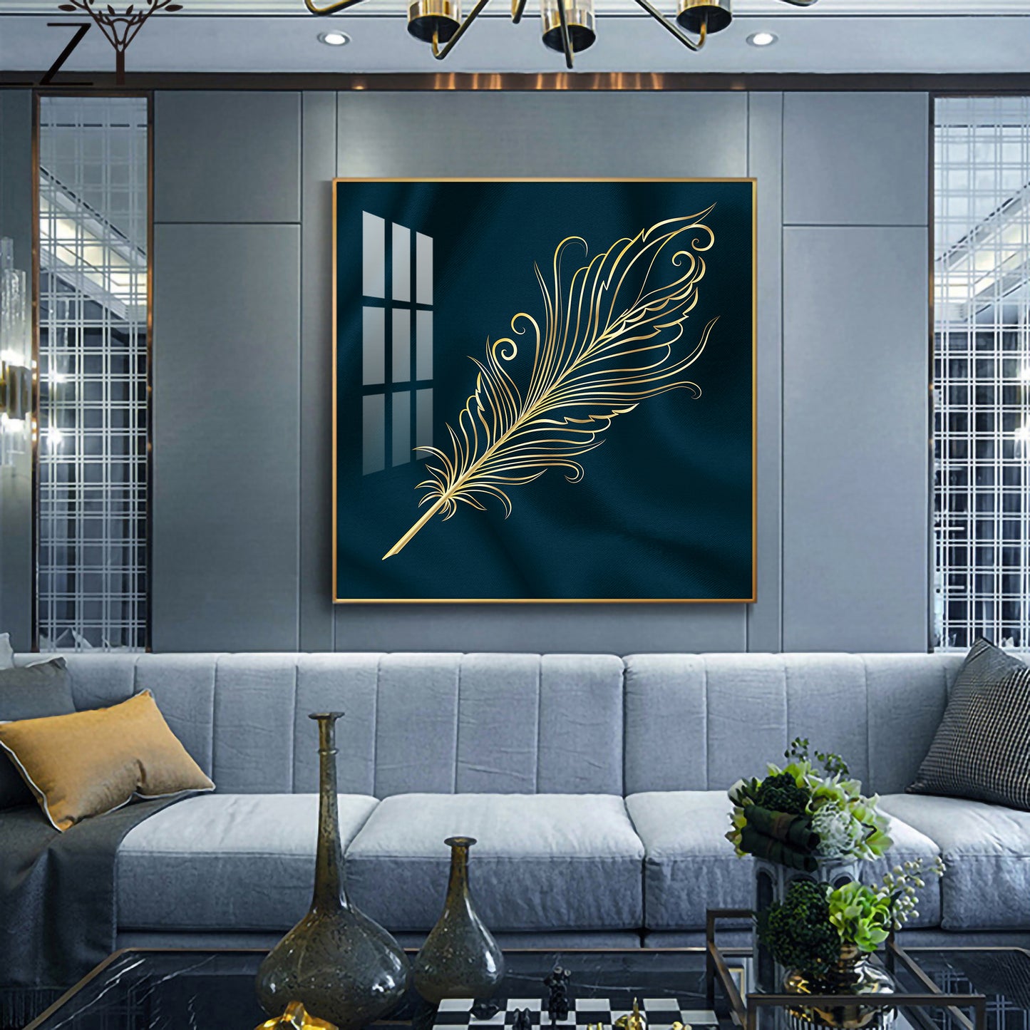 Feather on Azure Glass Finish Square Wall Art