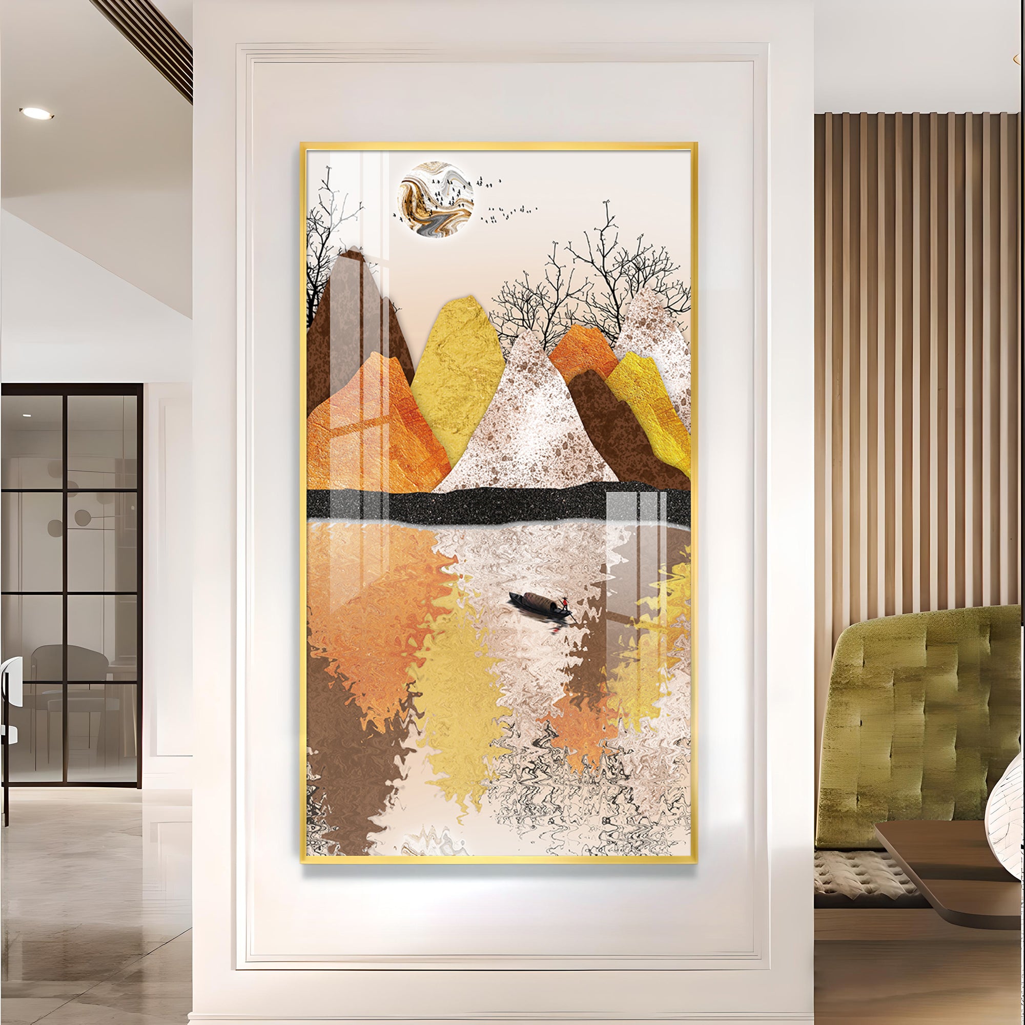 Journey Across Still Waters Glass Finish Vertical Wall Art