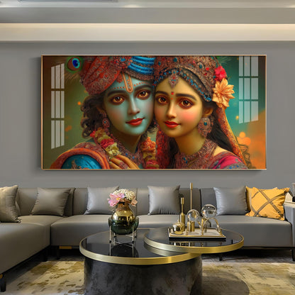 Lord Shri Radha And Krishna Loving Glass Finish Horizontal Wall Art