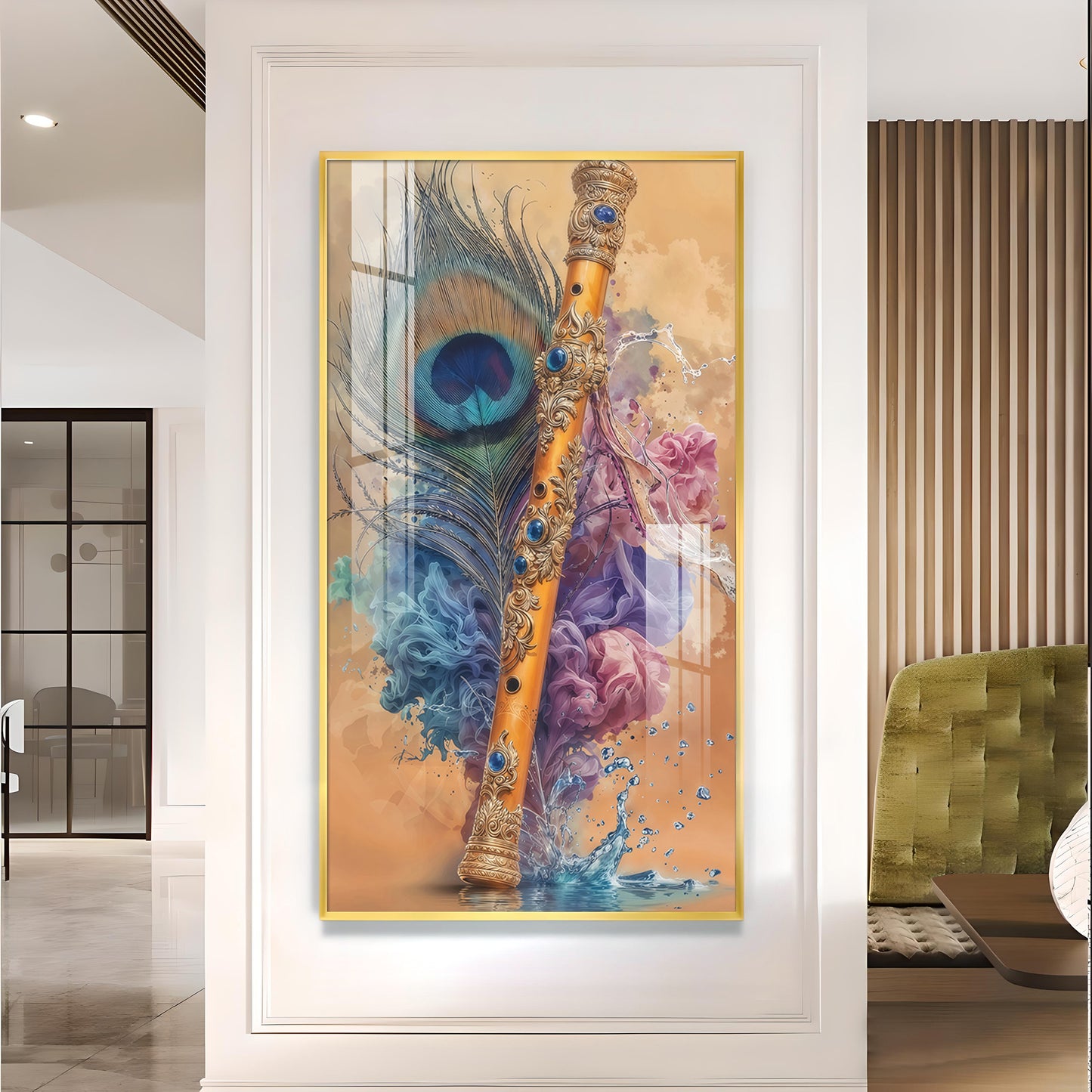 Peacock Feather With Flute Glass Finish Vertical wall Art