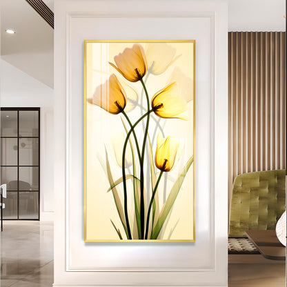 Radiant Yellow Tulips Glass Finish Vertical Wall Art