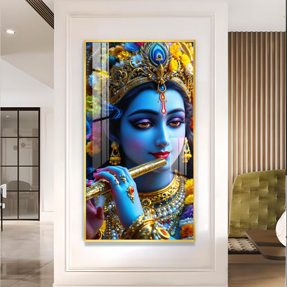 Blue Krishna Glass Finish Vertical Wall Art