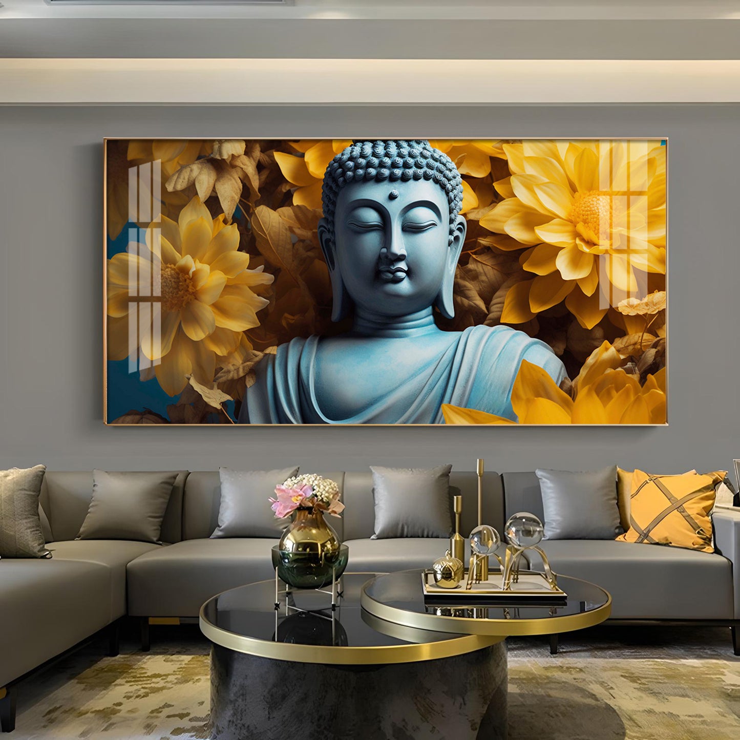 Majestic Buddha With Flower Glass Finish Horizontal Wall Art