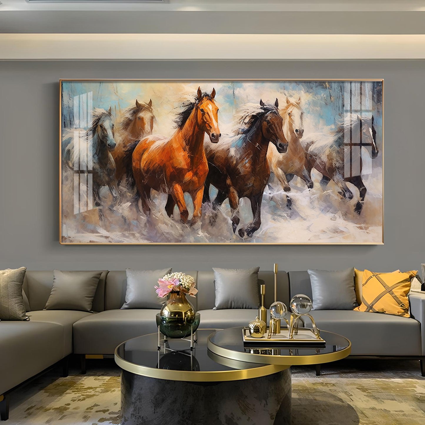 Jungle Running Horses Vastu Glass Finish Horizontal Wall Art