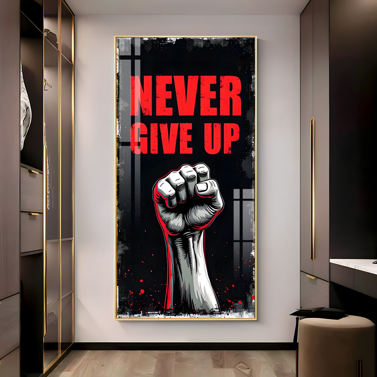 Never Give Up Glass Finish Vertical Wall Art