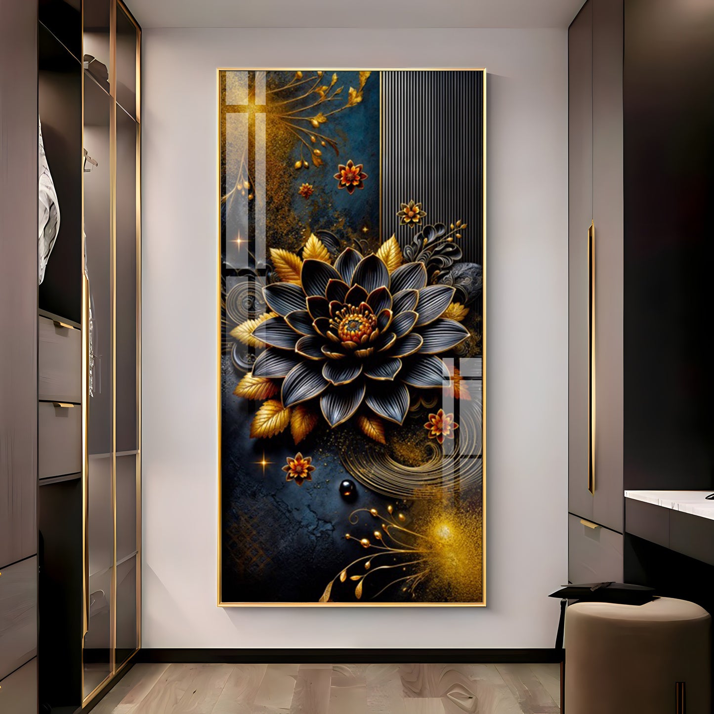 Surreal Black Flower Glass Finish Vertical Wall Art
