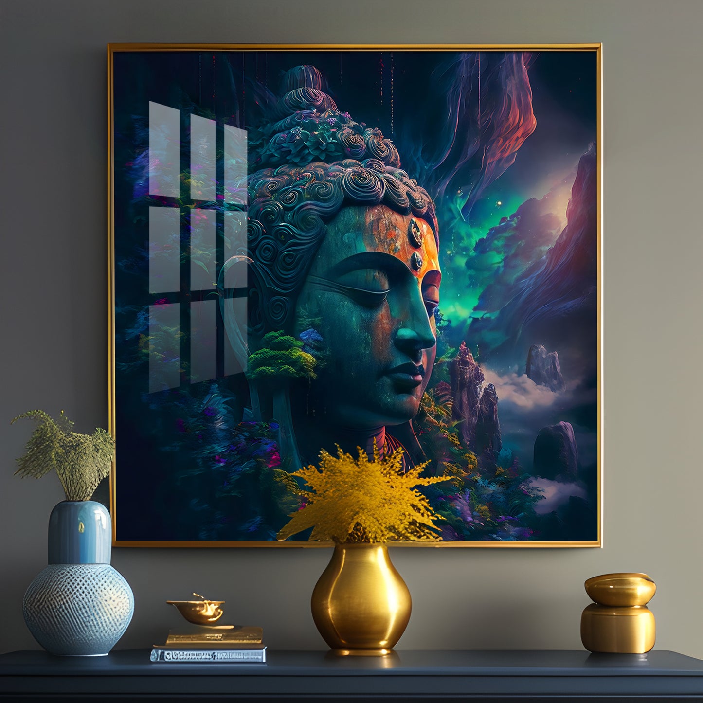 Blossom Portrait Of Buddha Glass Finish Vertical Wall Art