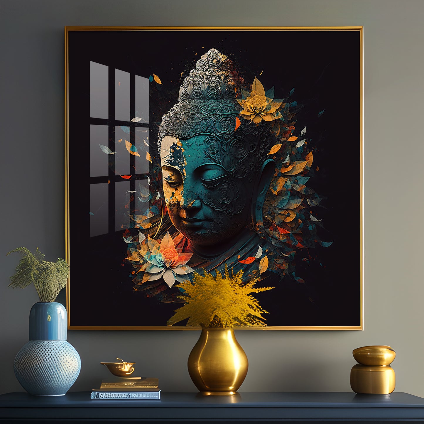 Peaceful Reflection Buddha Glass Finish Square Wall Art