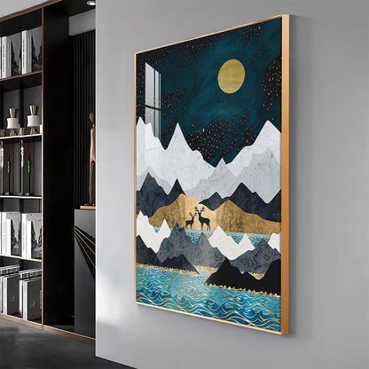 Moonlit Mountain Reverie Glass Finish Vertical Wall Art