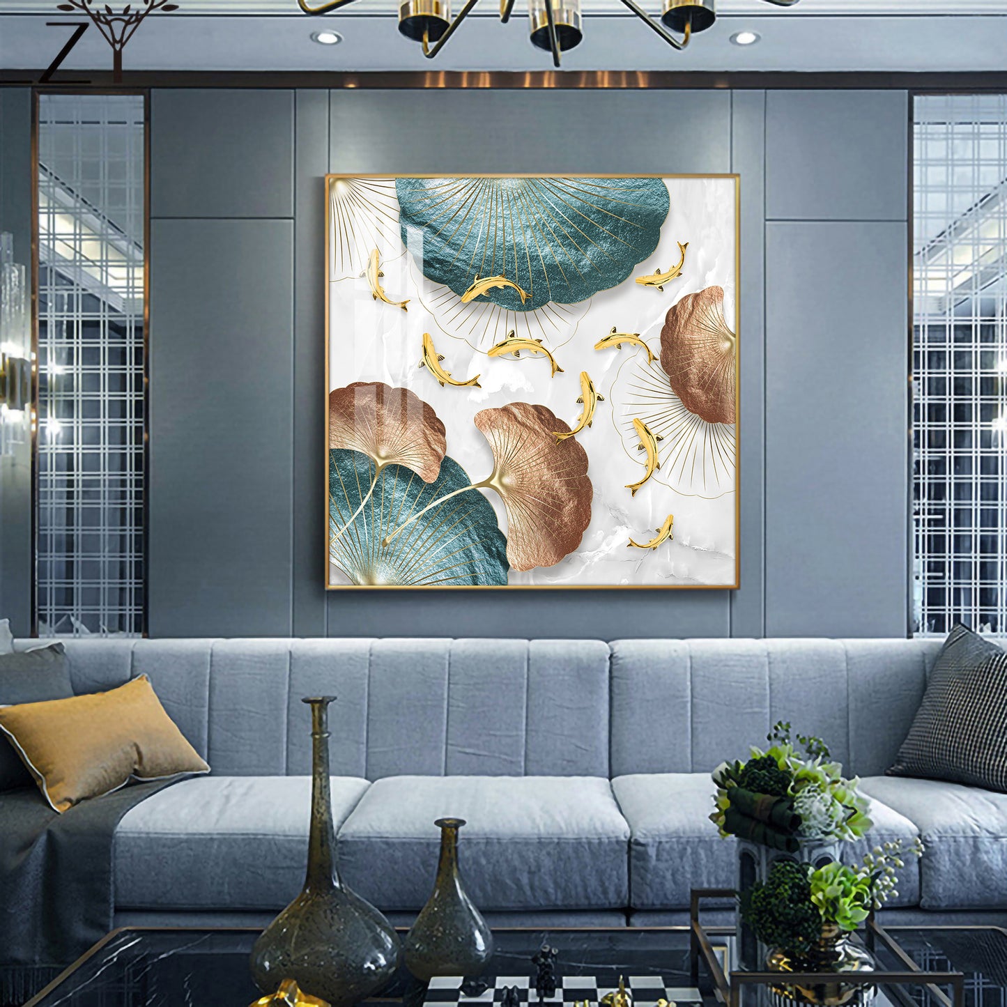 Opulent Blue Gold Flora Glass Finish Square Wall Art