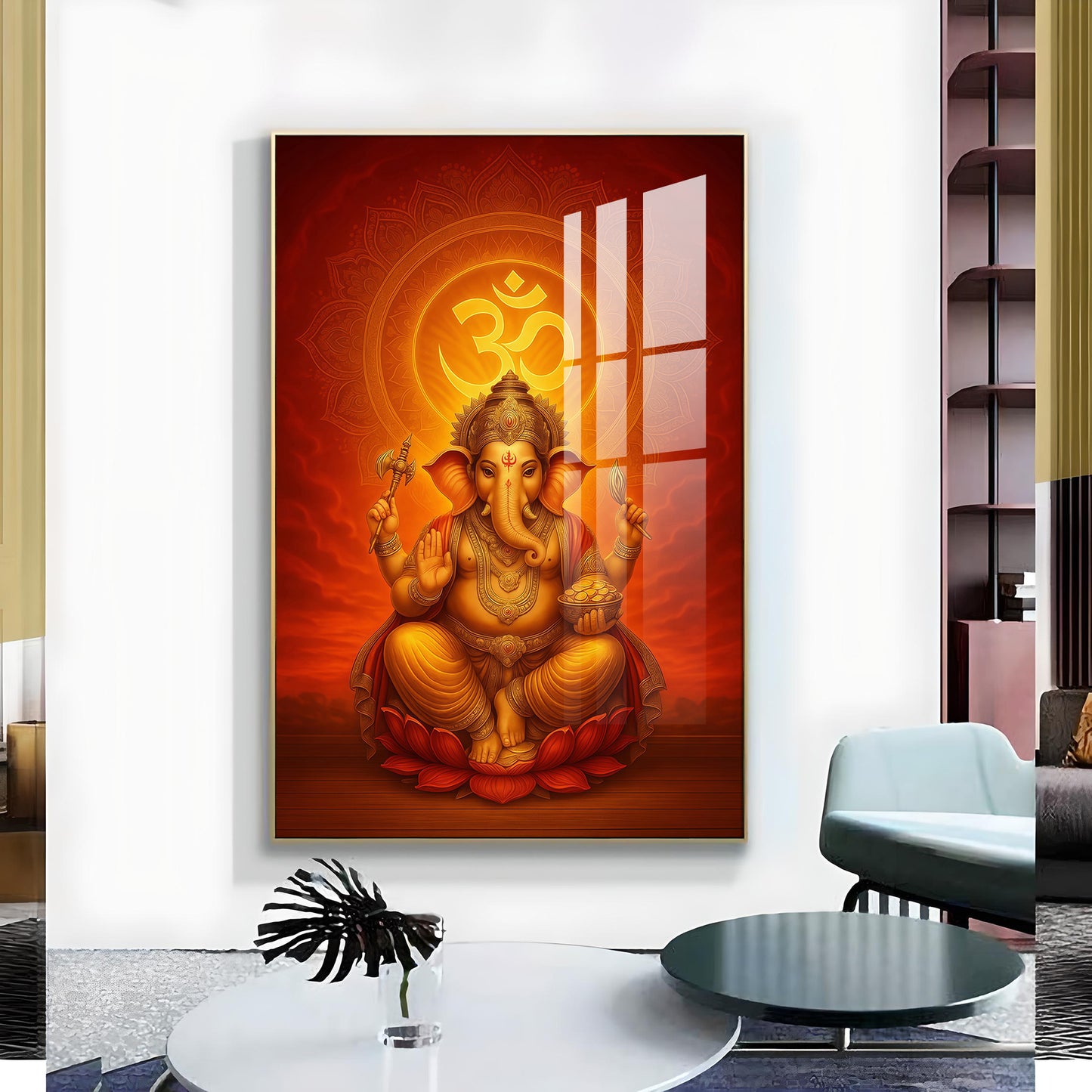 Hindu Lord Ganesh Ji Glass Finish Vertical Wall Art