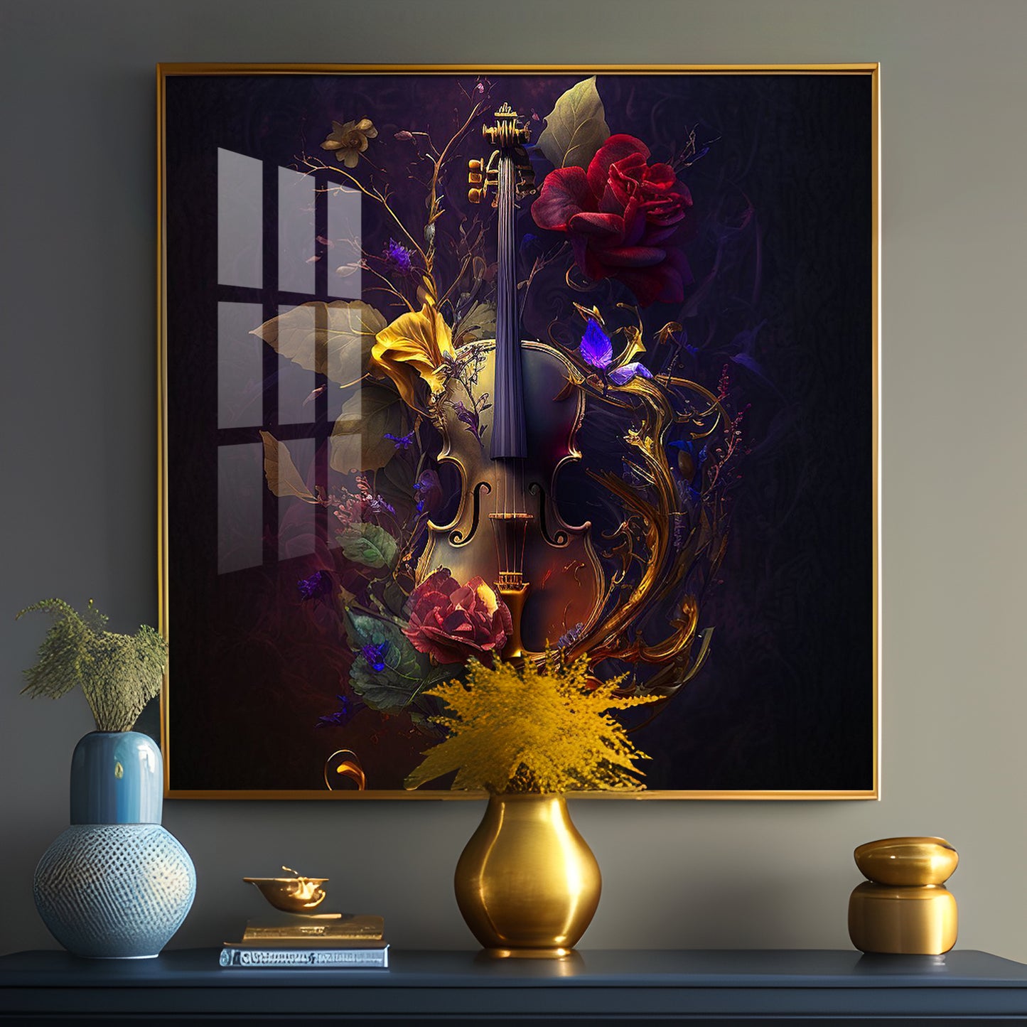 Violin and Rose Composition Glass Finish Square Wall Art