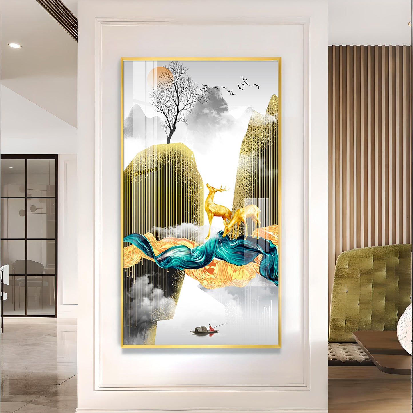 Deer In The Sky Glass Finish Vertical Wall Art