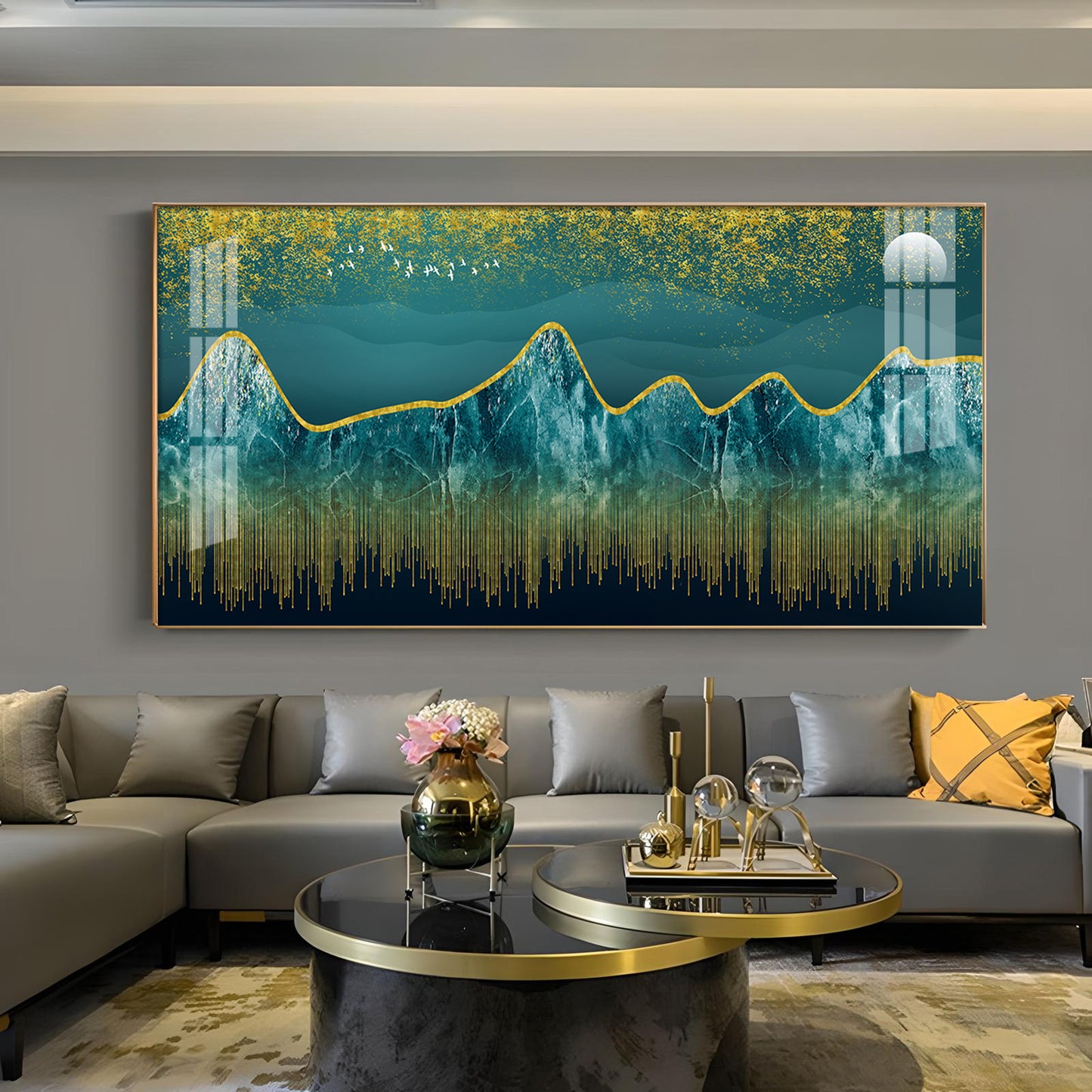 Dark Turquoise Mountains Glass Finish Horizontal Wall Art