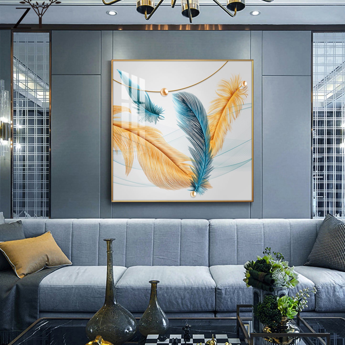 Radiant Blue and Yellow Plume Glass Finish Square Wall Art