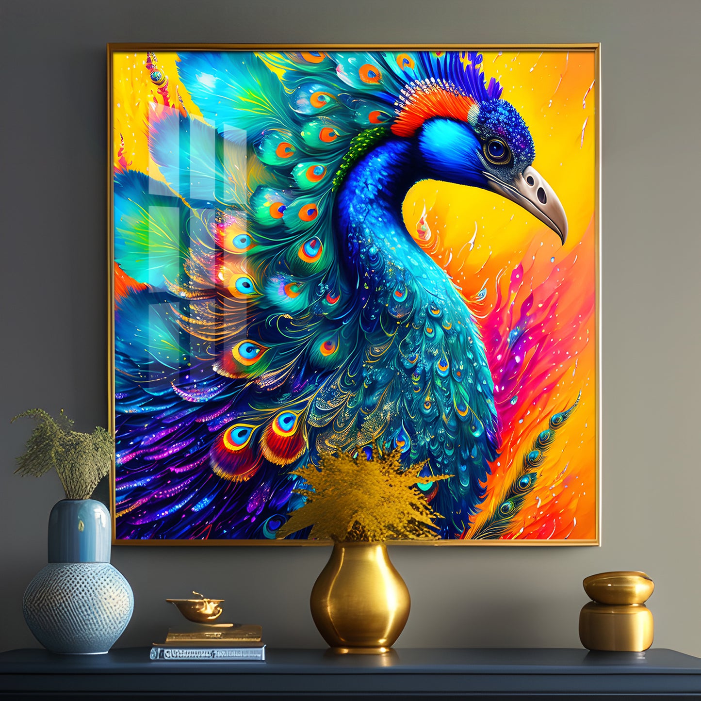 Radiant Peacock Glass Finish Square Wall Art