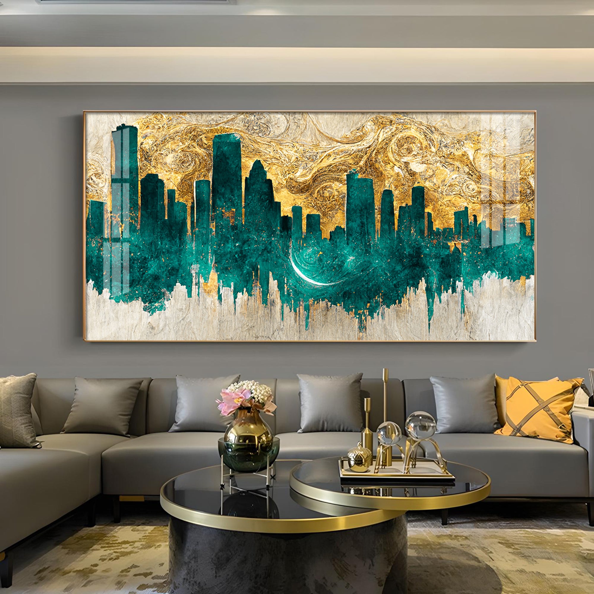 Golden Urban Vista Glass Finish Horizontal Wall Art