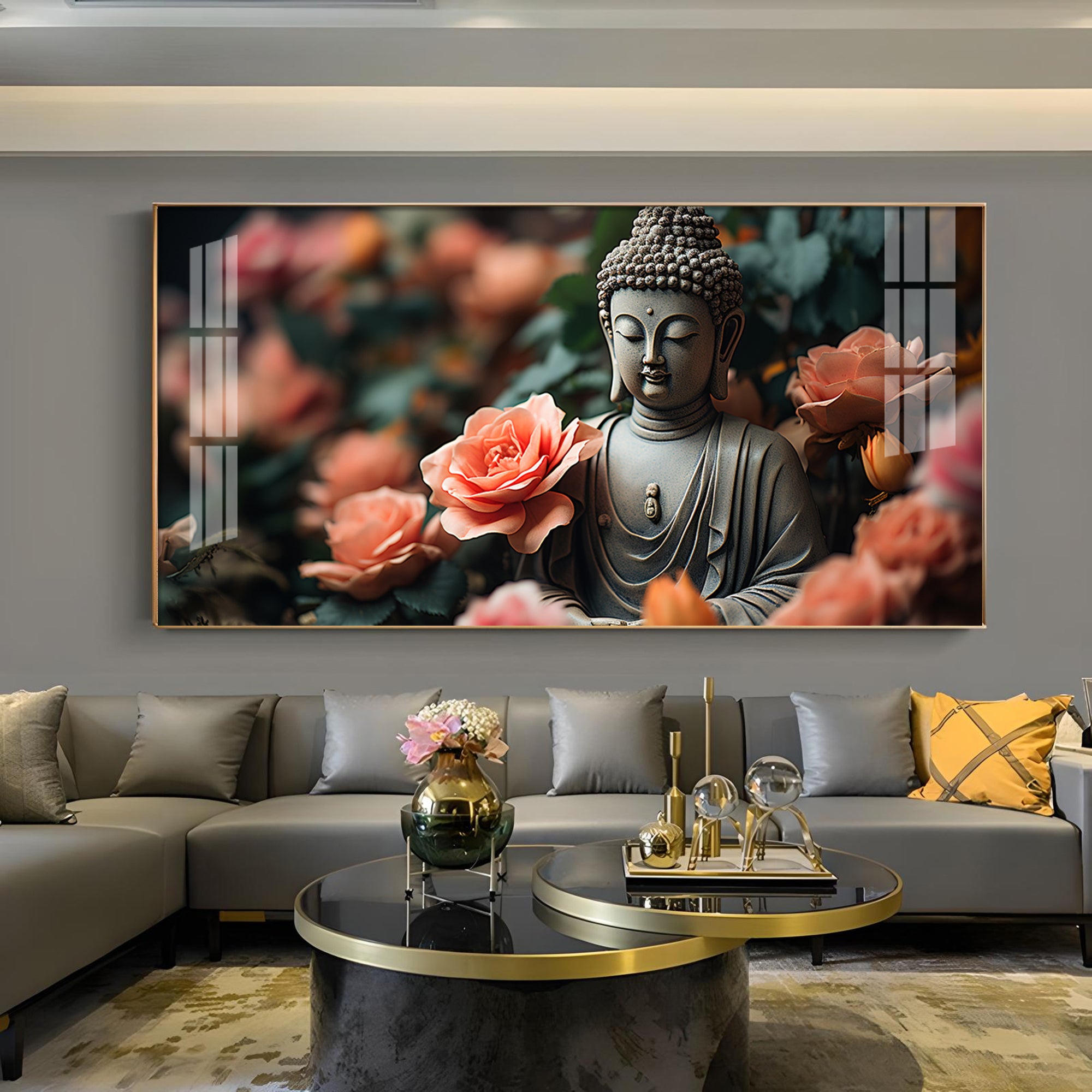 Calm Buddha With Flower Glass Finish Horizontal Wall Art