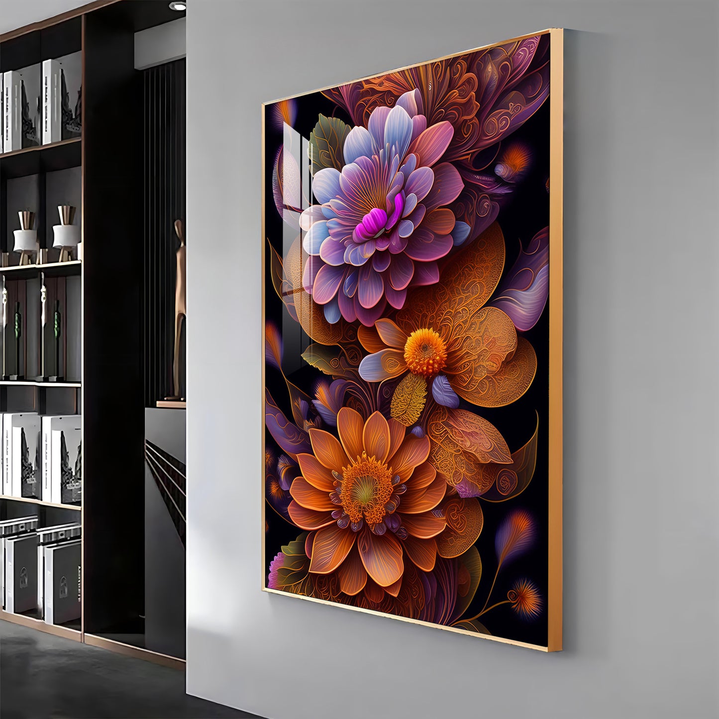 Floral Symphony Glass Finish Vertical Wall Art
