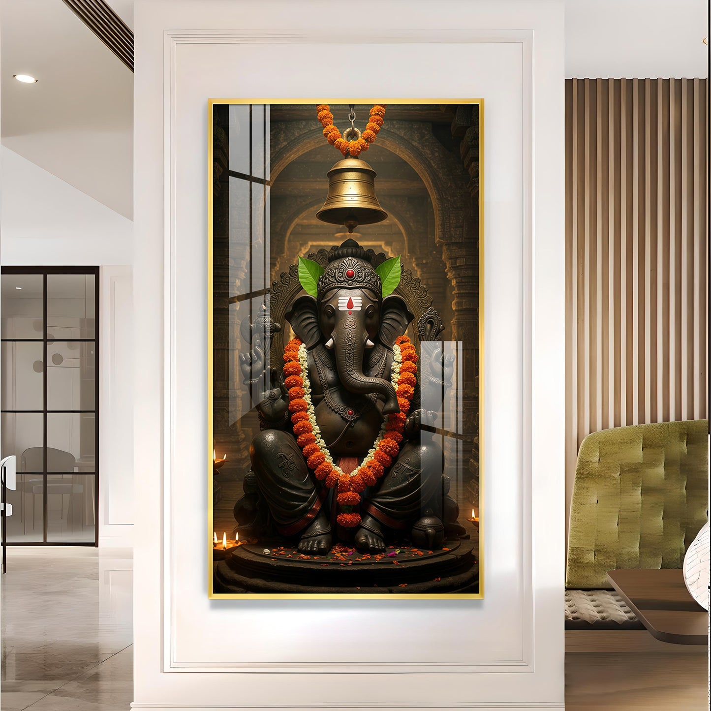 Lord Ganesh Blessing Glass Finish Vertical Wall Art