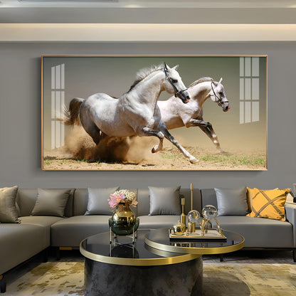 Satin Matt Running Horses Glass Finish Horizontal Wall Art