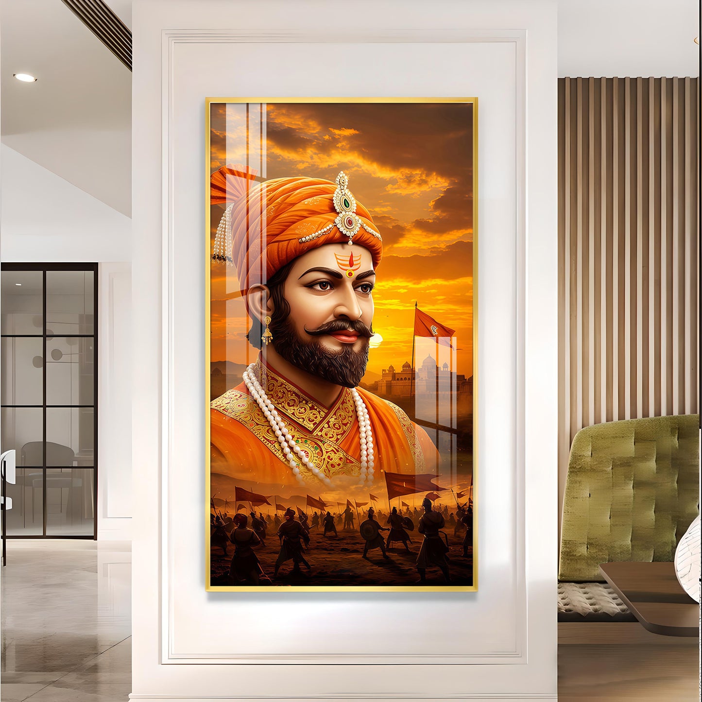 Shivaji Maharaj Glass Finish Vertical Wall Art