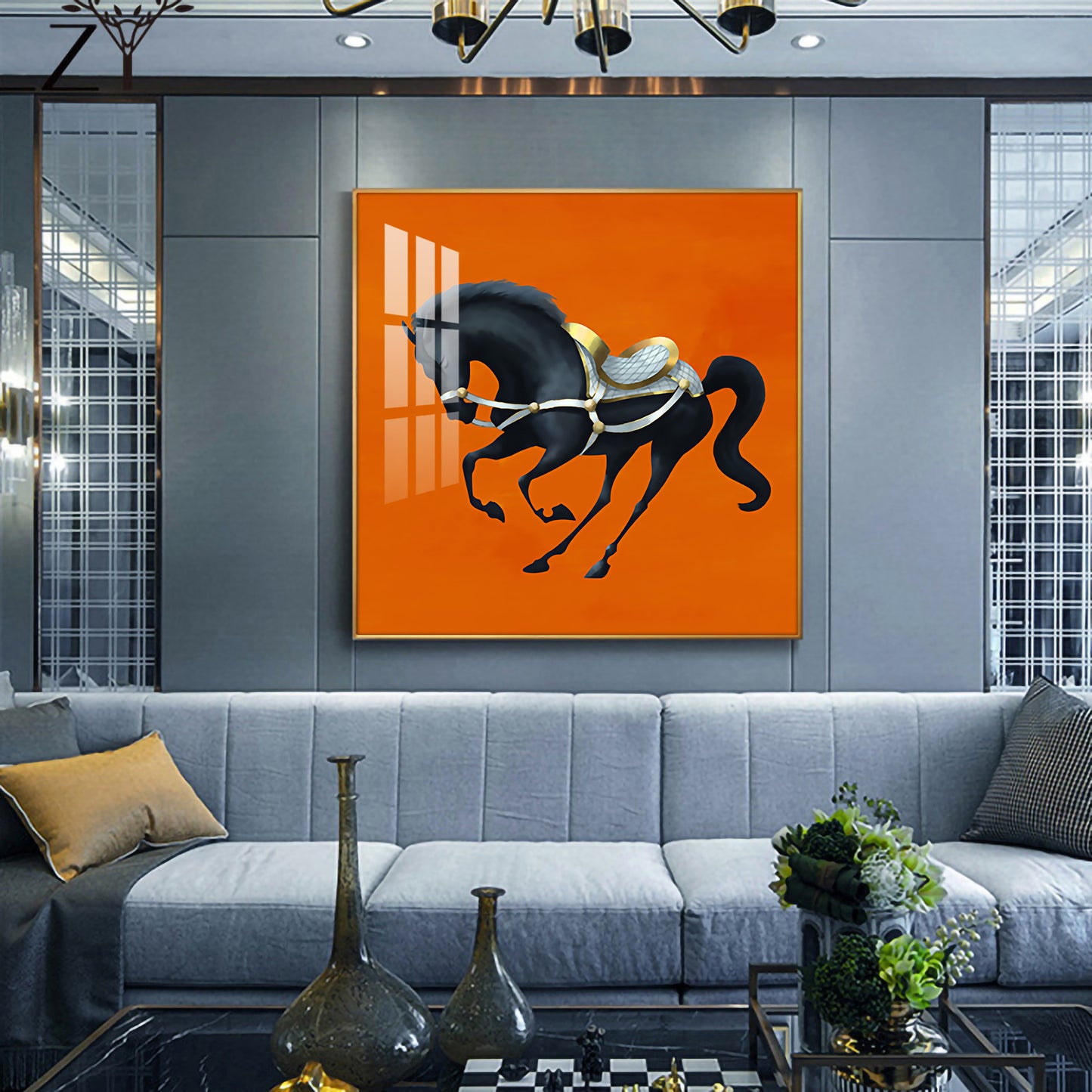 Jumping Horse In Orange Horizon Glass Finish Square Wall Art