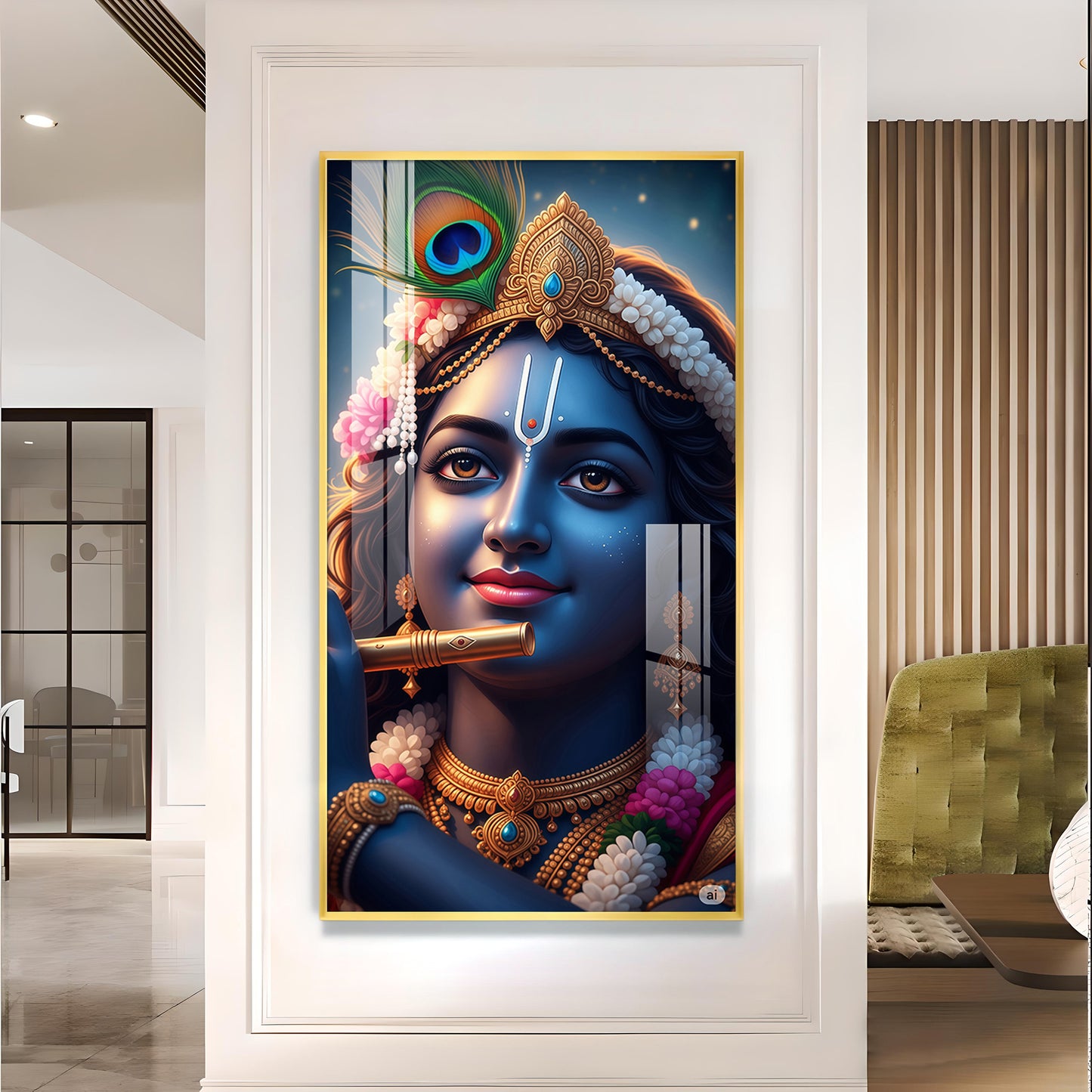 Krishna Flute Glass Finish Vertical Wall Art