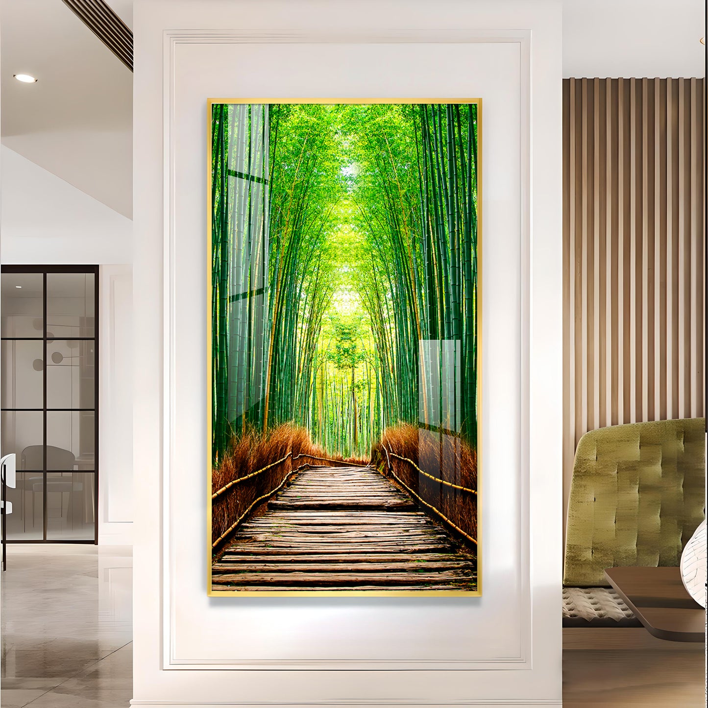 Harmony in Bamboo Trails Glass Finish Vertical Wall Art