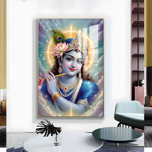 Krishna's Tranquil Abode Glass Finish Vertical Wall Art