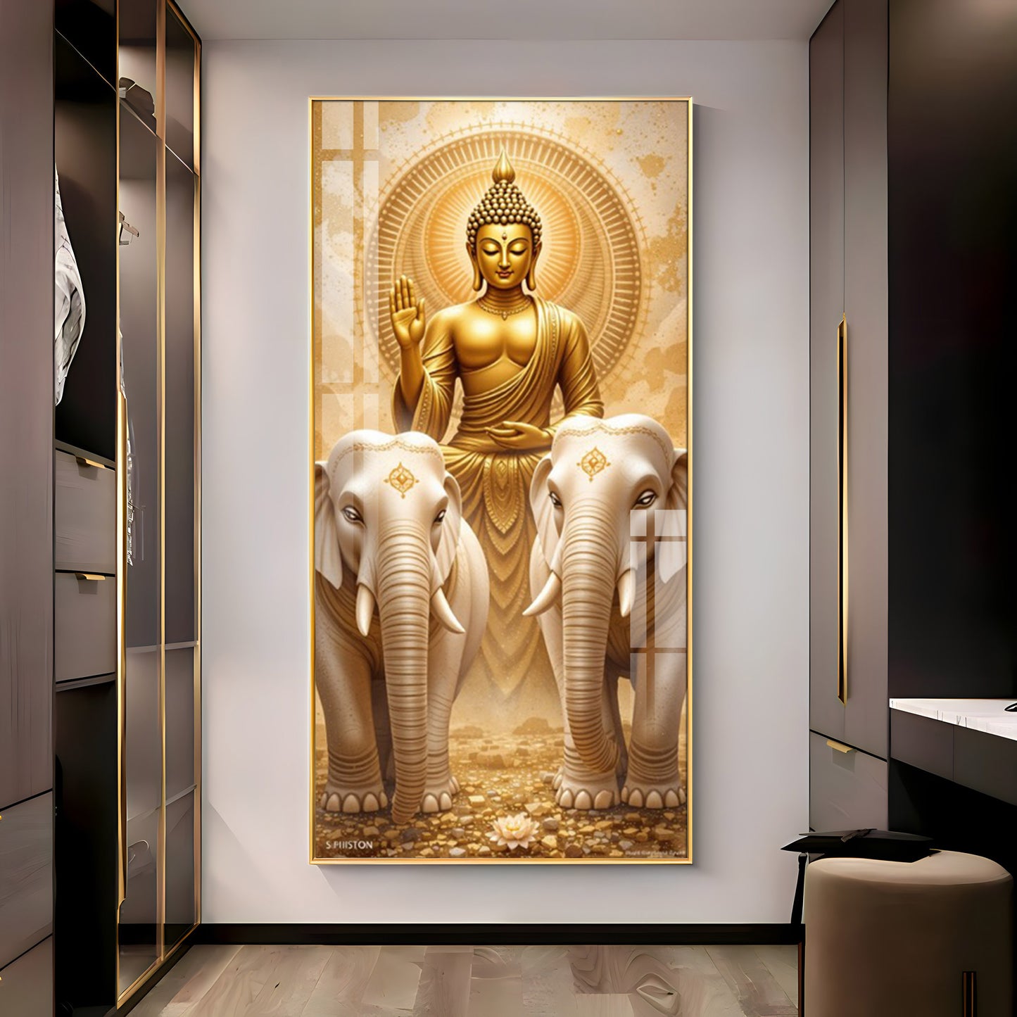 Meditating Budha With Alpha Elephant Glass Finish Vertical Wall Art