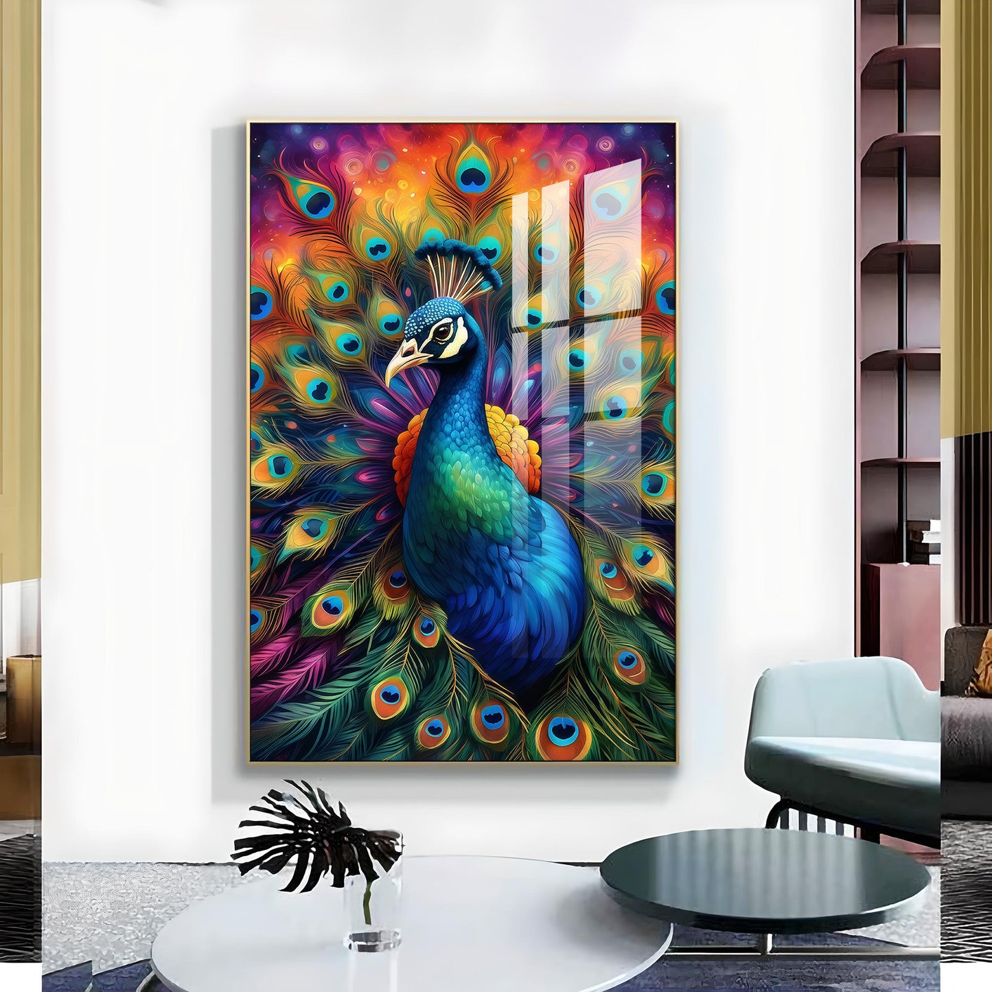 Beautiful Peacock Glass Finish Vertical Wall Art