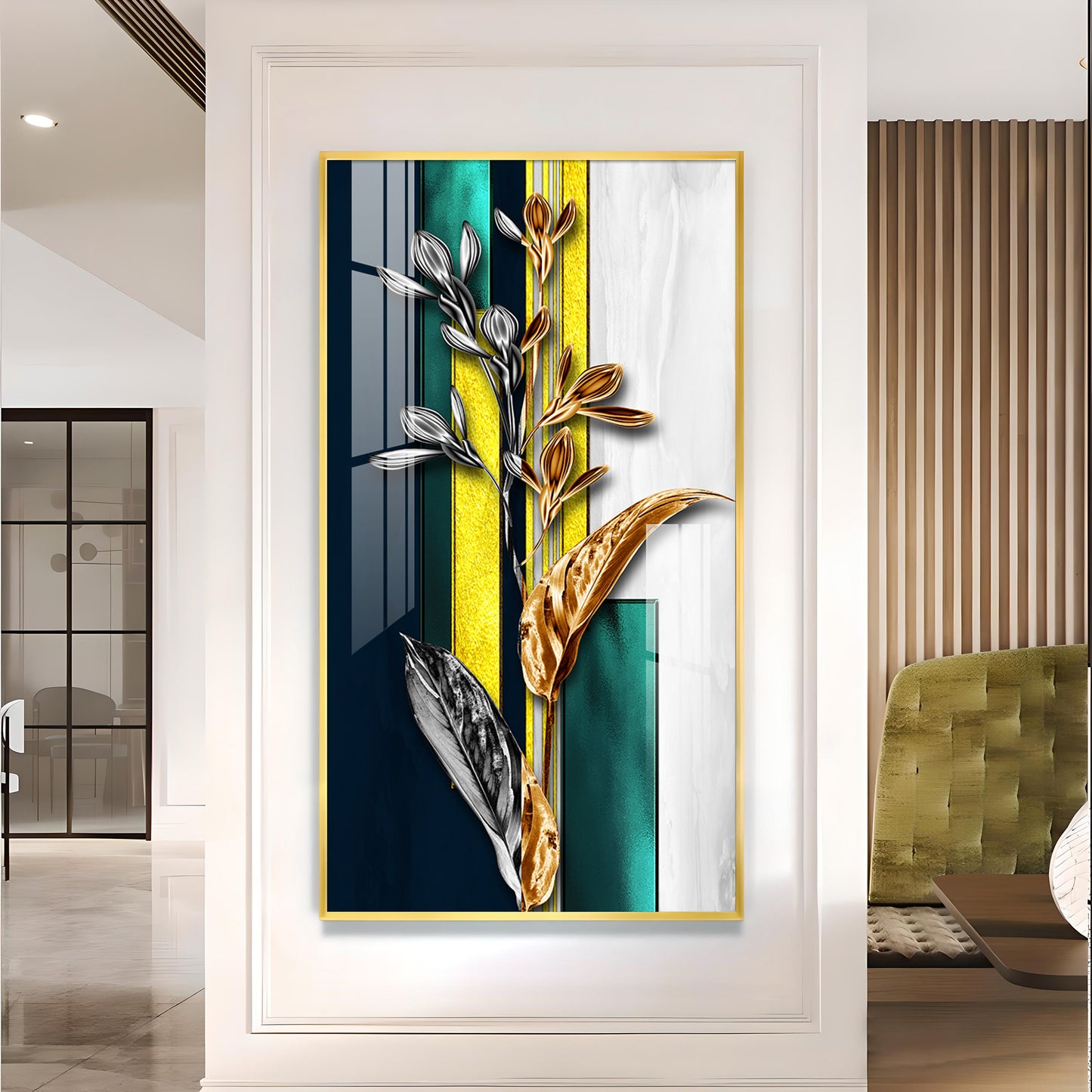 Gilded Floral Glass Finish Vertical Wall Art