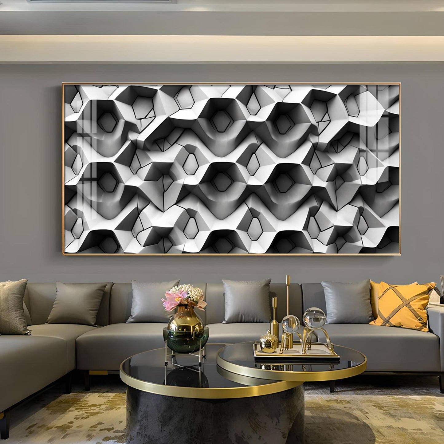 Beautiful Geometric Gray Background Glass Finish Horizontal Wall Art