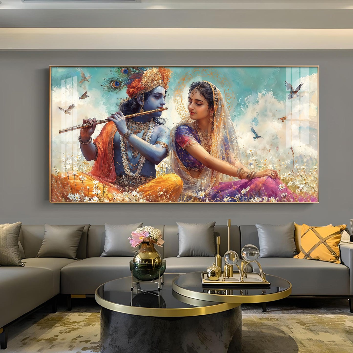 Radhe Krishna Loving Glass Finish Horizontal Wall Art