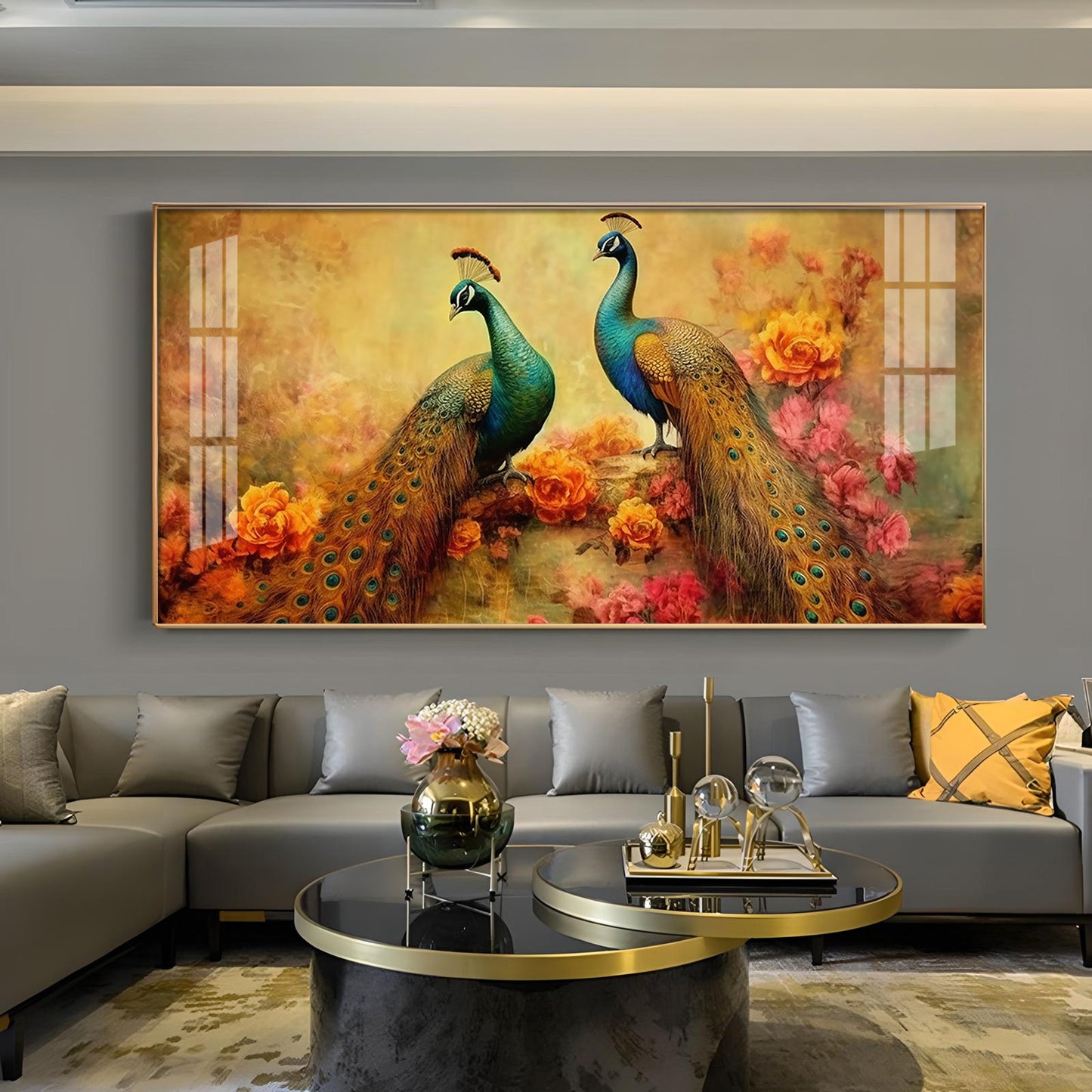 Two Peacock With Flower Background Glass Finish Horizontal Wall Art