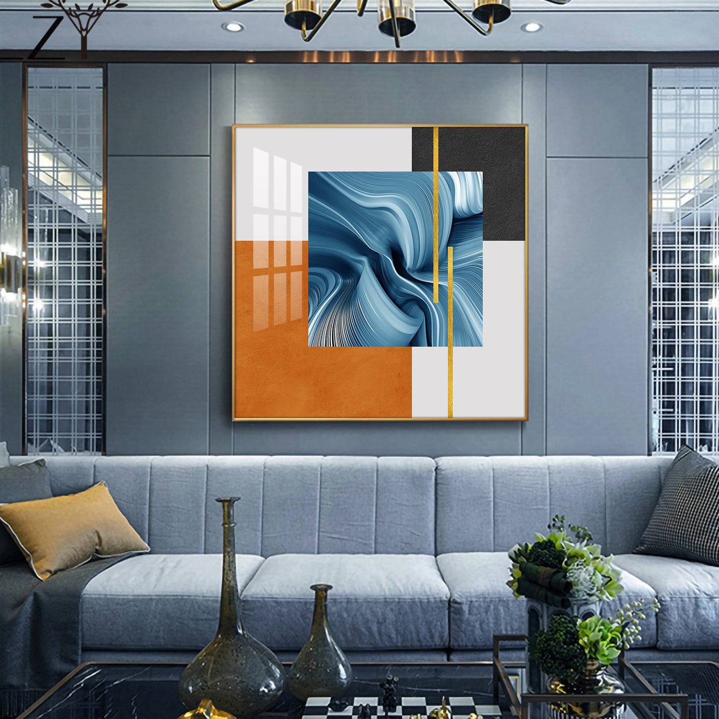 Blue Accent Glass Finish Square Wall Art